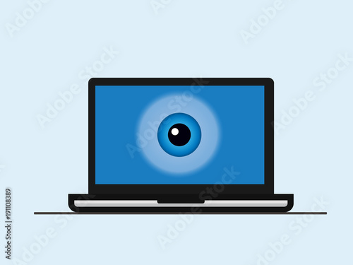 A laptop screen with an eye. Total surveillance. Big brother concept. Stealing confidential data. Concept of protecting information. Biometric identification. Isolated vector illustration