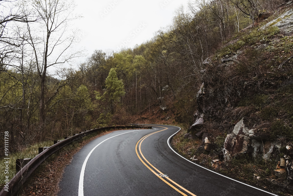 Fototapeta premium Shades of Autumn and a Curvy Road Through the Blue Ridge Mountains, near Asheville, North Carolina