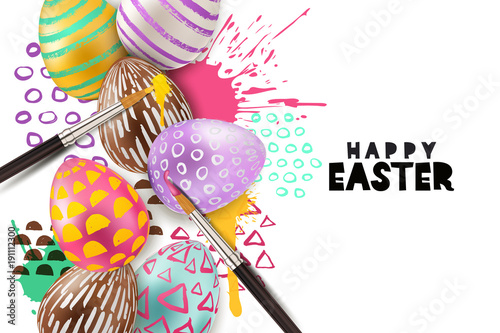 Painting Easter eggs vector illustration. Holiday greeting card, banner or poster with 3d decorative egg on watercolor splashes background. Art and craft concept.