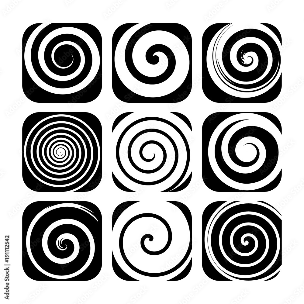 Set of spiral motion elements, black isolated objects, different brush  texture, abstract vector illustrations. Stock Vector