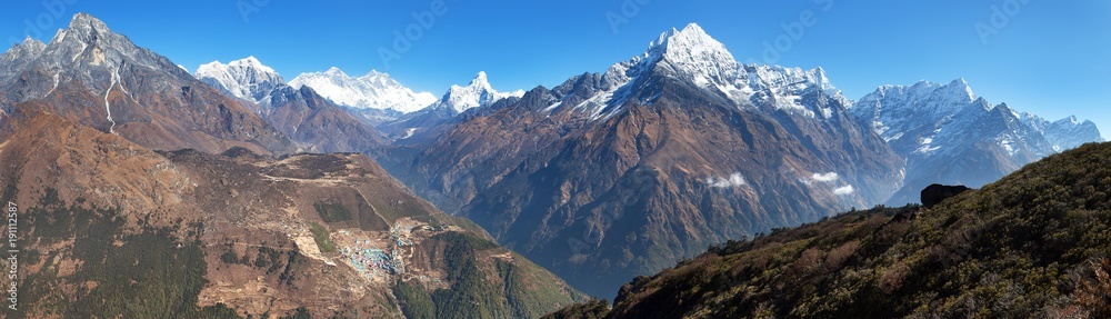 Everest, Lhotse, Ama Dablam and Namche Bazar from Kongde