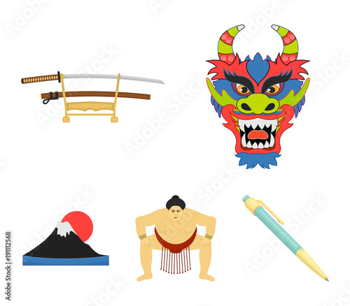 Dragon mask, katano, a man is a sumo player, a fujiama mountain.Japan set collection icons in cartoon style vector symbol stock illustration web.