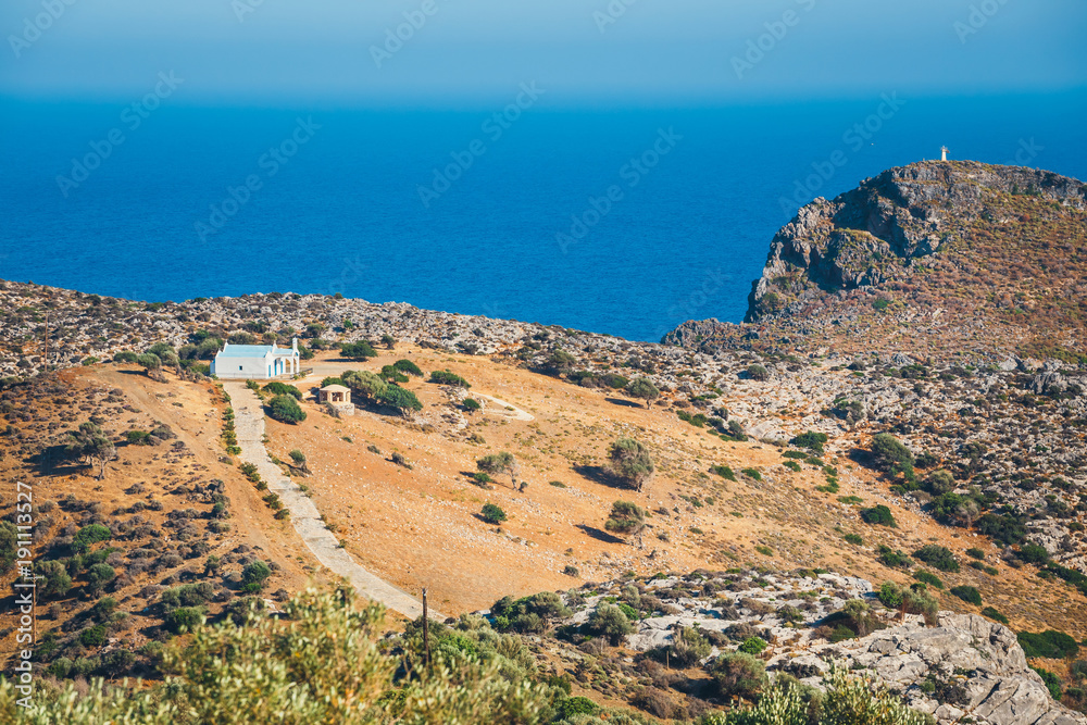 Mountain landscape with small church on Crete Island, Greece