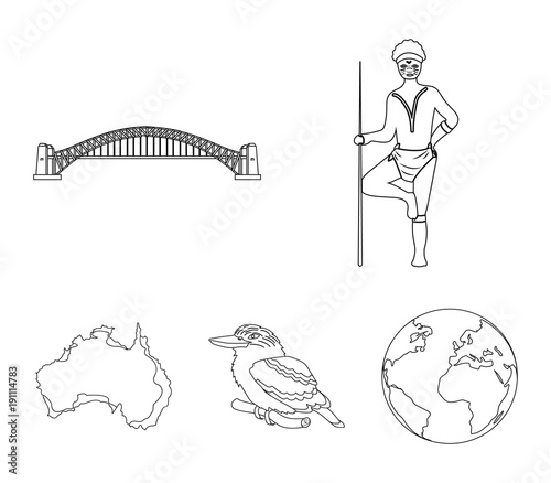 with a spear, Sydney Harbor Bridge, kookabarra on a branch, the territory of the country.Australia set collection icons in outline style vector symbol stock illustration web.