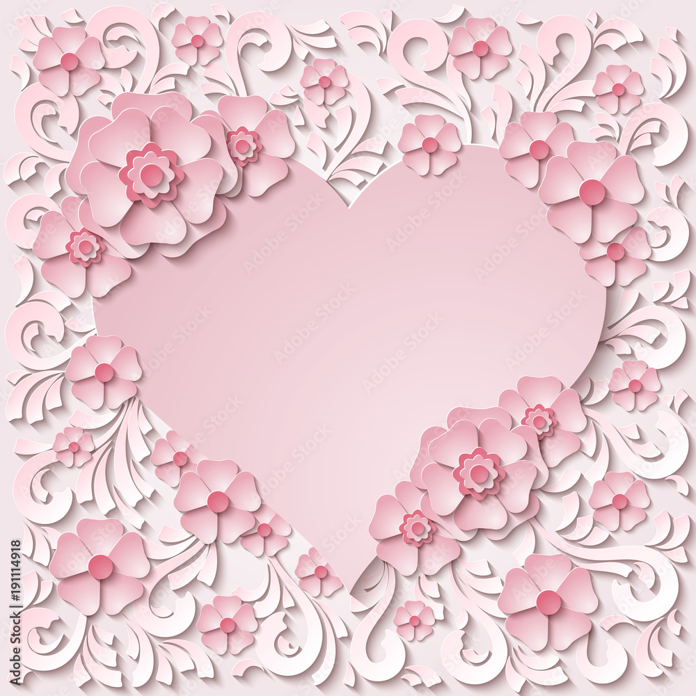 Beautiful vintage heart frame with 3d light pink paper cut flowers. Vector illustration