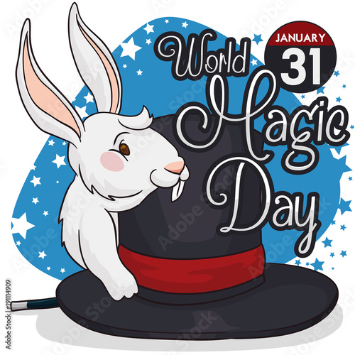 Traditional Rabbit in Hat Trick for Magic Day in January 31, Vector Illustration