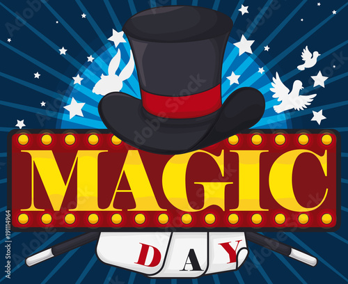 Magic Day Design with Magical Elements: Hat, Cards and Wands, Vector Illustration photo