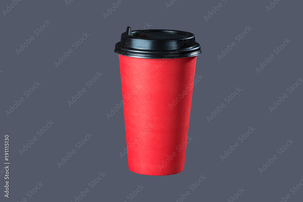 red paper cup on gray background/ Red coffee cup with cappuccino on gray background coffee to go. Isolate red paper cup on gray background/ Red coffee cup with cappuccino on gray background coffee to go. Isolate