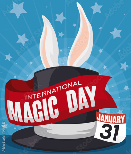 Hat with Ribbon and Rabbit Ears for Magic Day Celebration, Vector Illustration
