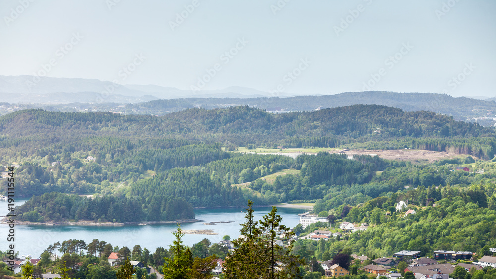 View from hill of Bergen and fjord landscape in Norway