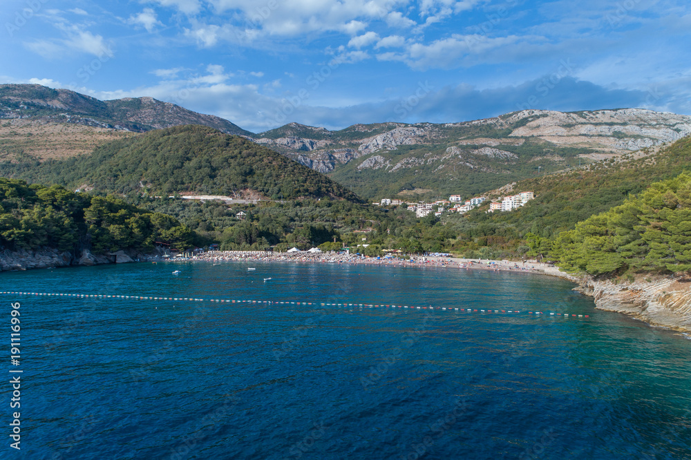 Aerial view of Buljarica and Lucice Beach. Montenegro. 