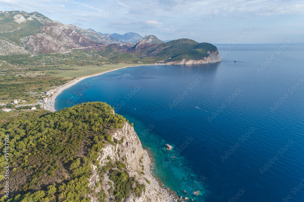 Aerial view of Buljarica and Lucice Beach. Montenegro. 