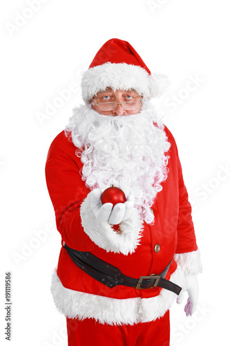 Santa Claus with Christmas ball, isolated on white background.