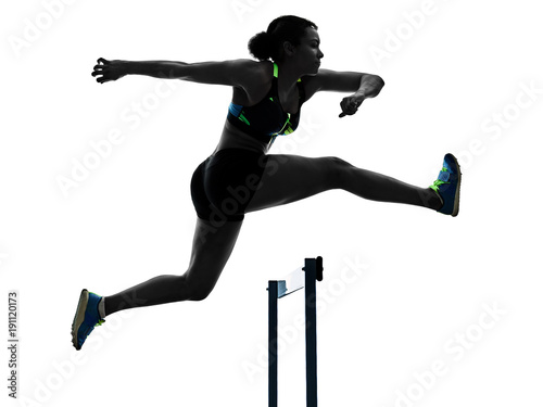 one african runner running hurdlers hurdling woman isolated on white background silhouette