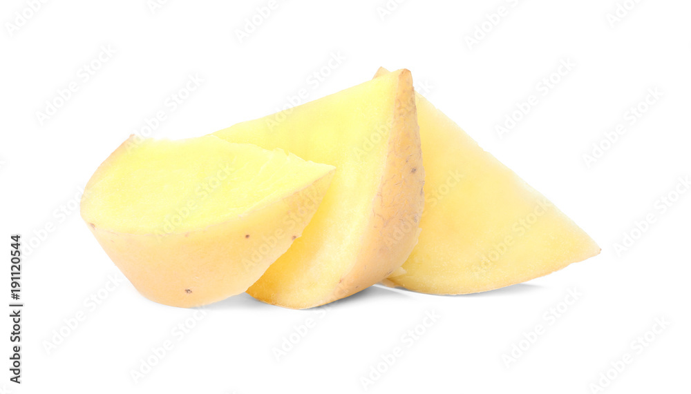 Raw fresh sliced potato on white background Raw fresh sliced potato on white background
