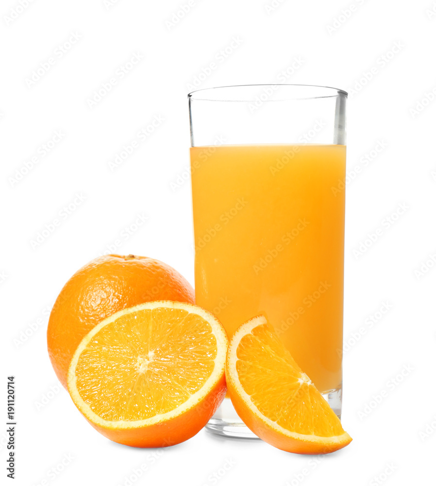 Glass of fresh orange juice with fruit on white background Glass of fresh orange juice with fruit on white background