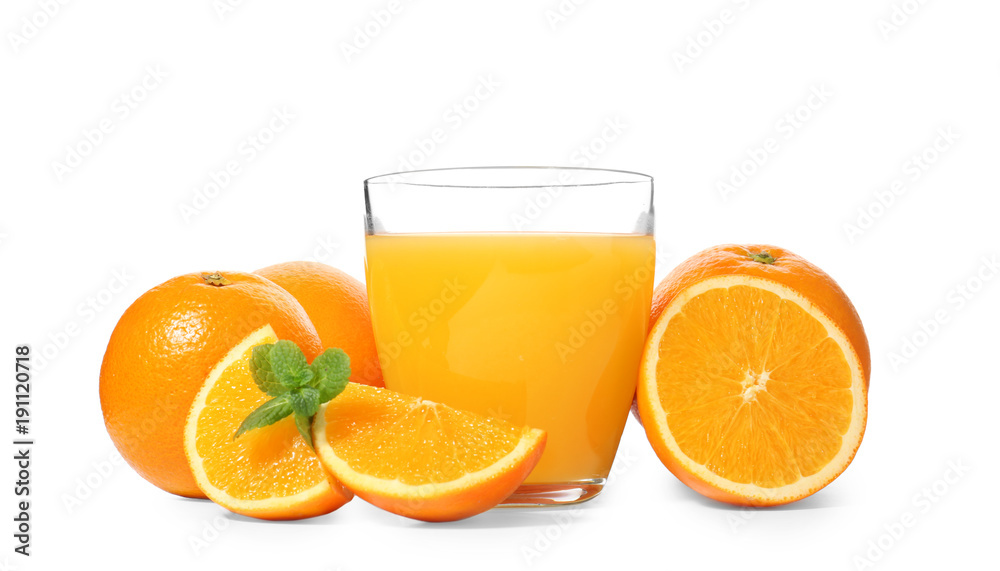 Glass of fresh orange juice with fruit on white background Glass of fresh orange juice with fruit on white background