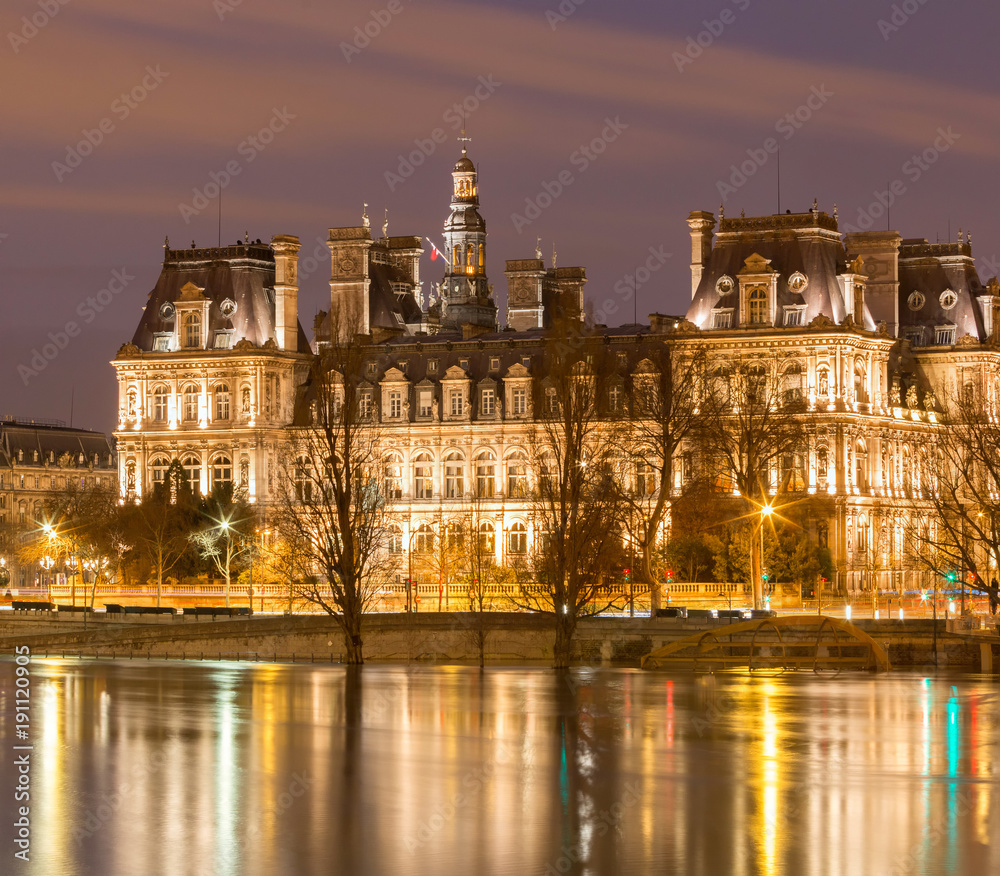 The town hall of Paris at night , France. The town hall of Paris at night , France.