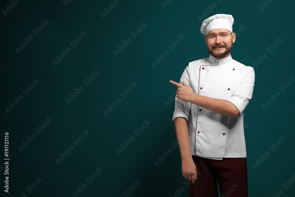 Handsome male chef on color background Handsome male chef on color background