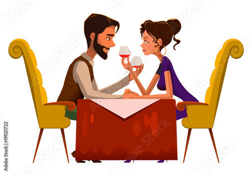 Young passionate couple drinking wine in cafe. Vector illustration of loving couple toasting with wineglasses while sitting at table and looking at each other.
