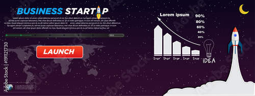 Picture of a space shuttle starting up from pc monitor, flat style concept for business startup, new product or service launch