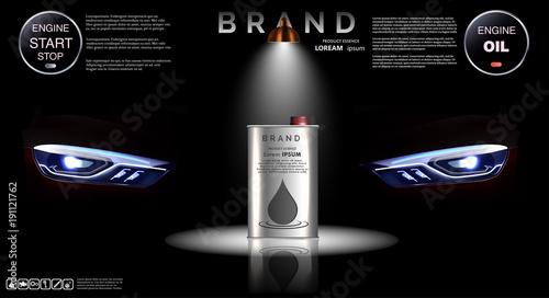 Oil bottle against the background of headlights