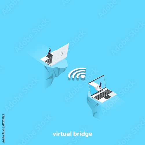 a man in a business suit crosses a gap between two laptops on a virtual bridge, an isometric image