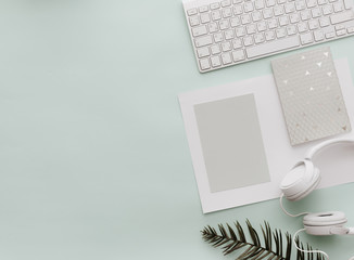 Neutral Styled Desk Scenes for Designers, Bloggers with  keyboard and headphones