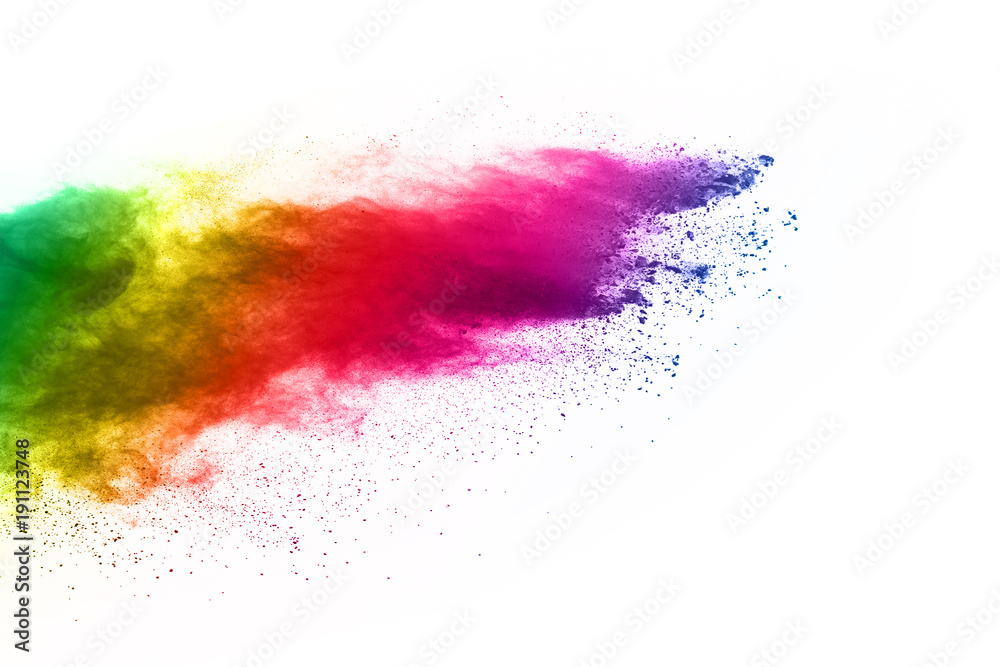Launched colorful dust, isolated on white background.