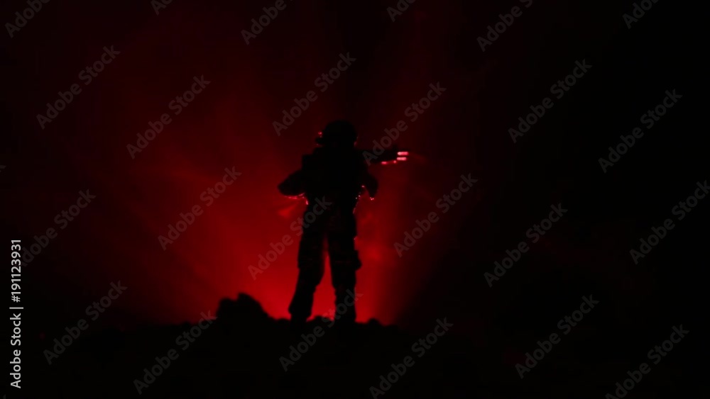 Army sniper with large-caliber sniper rifle seeking killing enemy. Silhouette on sky background. National security ensured, servicemen on guard. Battle scene Army sniper with large-caliber sniper rifle seeking killing enemy. Silhouette on sky background. National security ensured, servicemen on guard. Battle scene