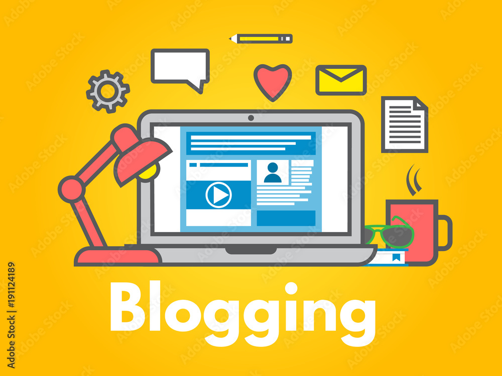 Blogging concept on yellow background. Laptop with icons. Social media sharing. Blog post flat line style. Business design. Trendy vector illustration