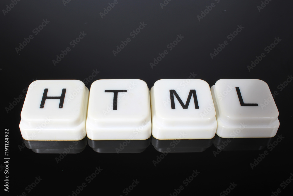 Html text word title caption label cover backdrop background. Alphabet letter toy blocks on black reflective background. White alphabetical letters. Html text word title caption label cover backdrop background. Alphabet letter toy blocks on black reflective background. White alphabetical letters.