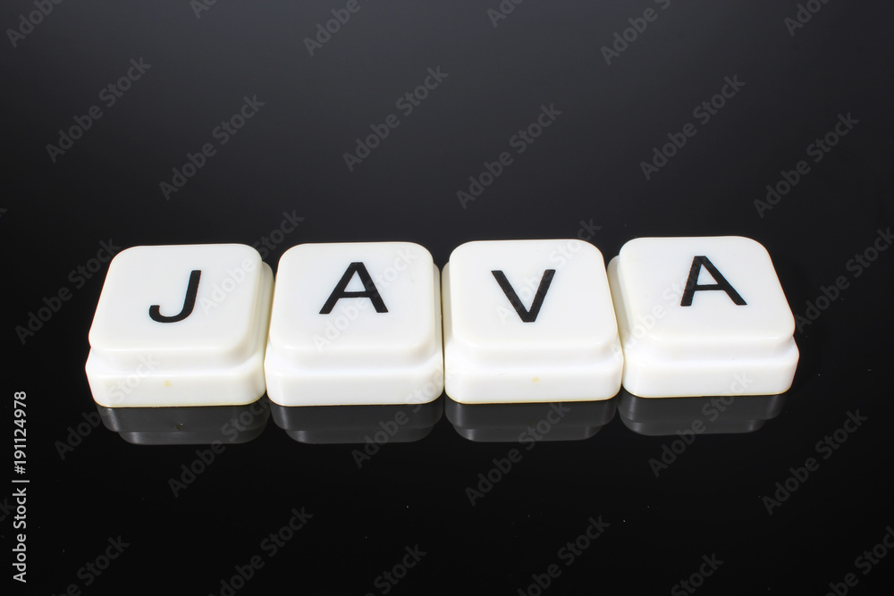 Java text word title caption label cover backdrop background. Alphabet letter toy blocks on black reflective background. White alphabetical letters. Java text word title caption label cover backdrop background. Alphabet letter toy blocks on black reflective background. White alphabetical letters.