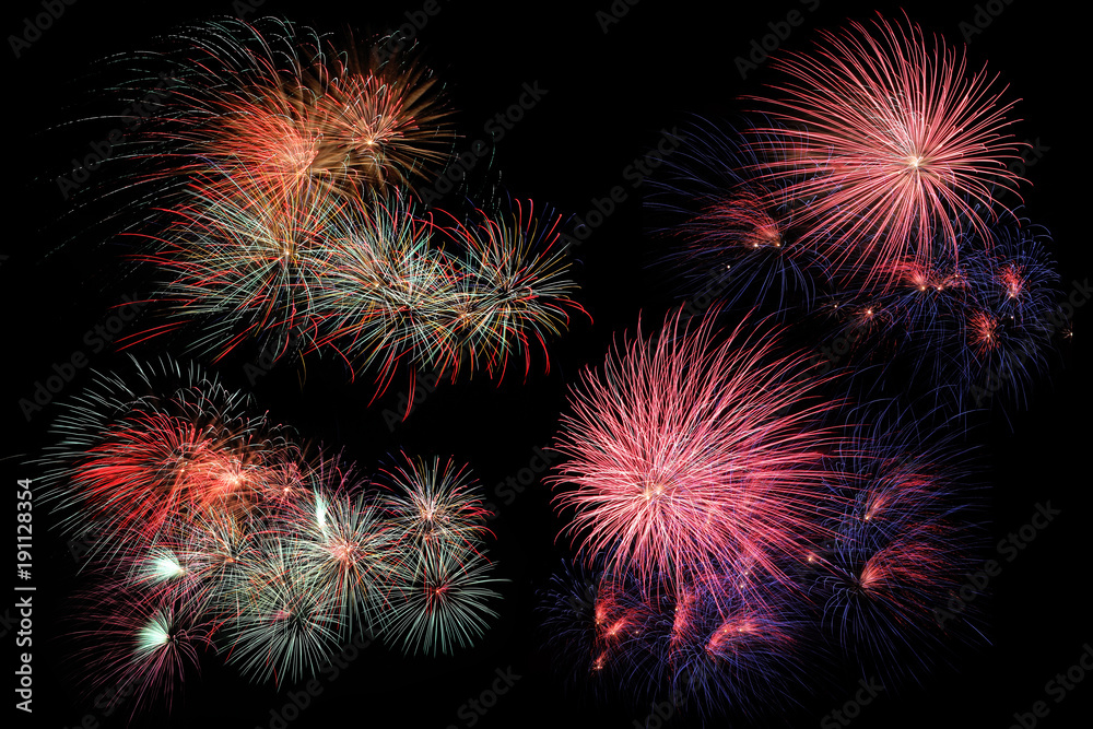 Colorful fireworks display isolated on black background.