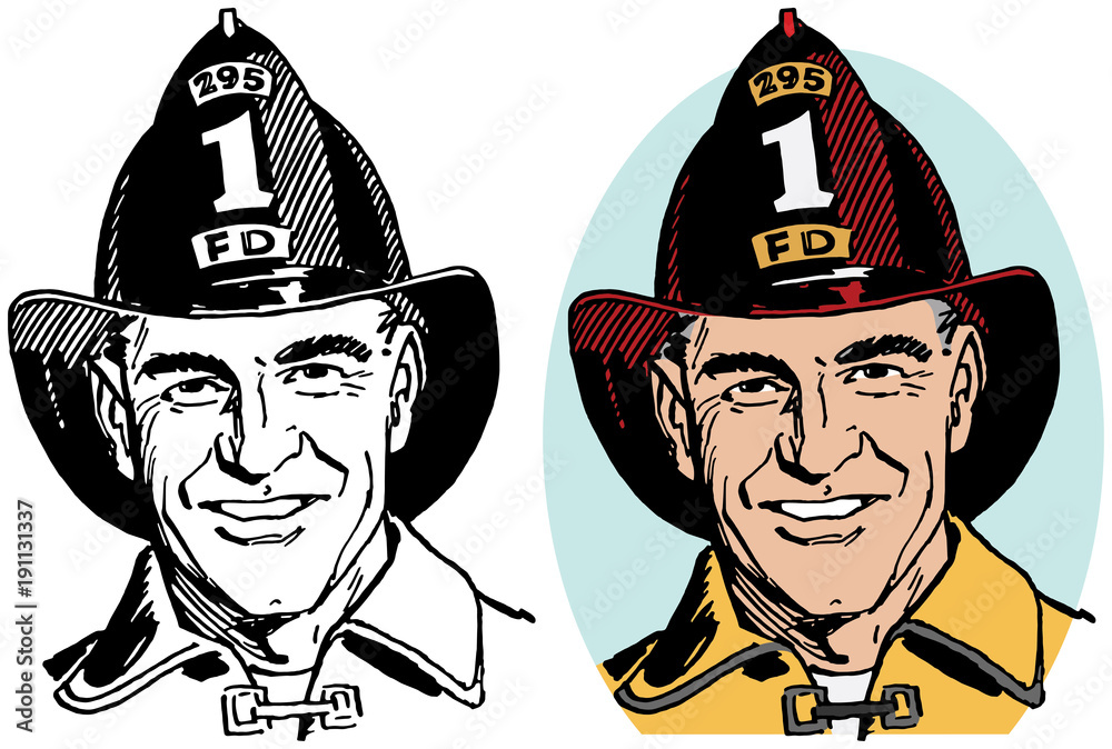 Fototapeta premium A portrait of a male firefighter in his uniform and helmet. 