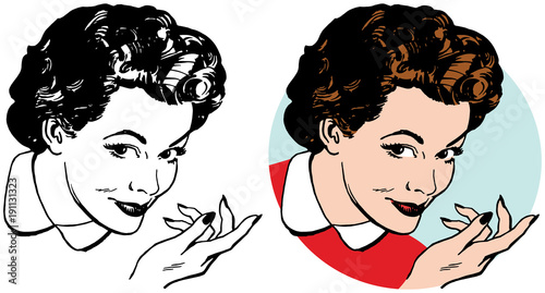A woman with a sly expression gesturing to the right. 