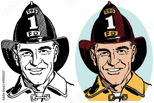 A portrait of a male firefighter in his uniform and helmet. 