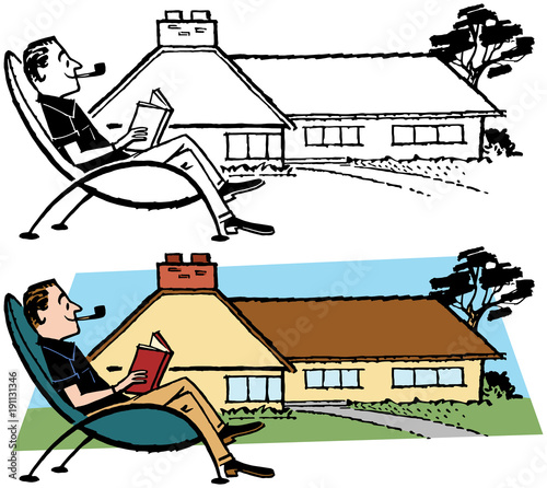 A man relaxing in a chaise in his yard outside of his home. 