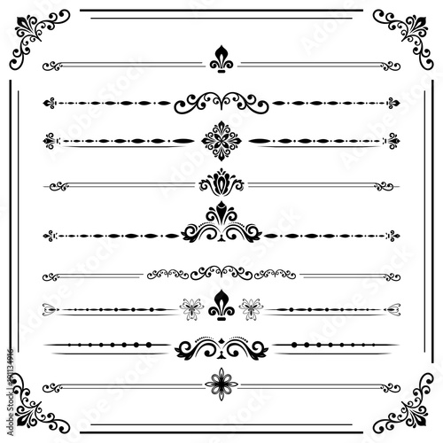 Vintage set of vector decorative elements. Horizontal separators in the frame. Collection of different ornaments. Classic patterns. Set of vintage black patterns
