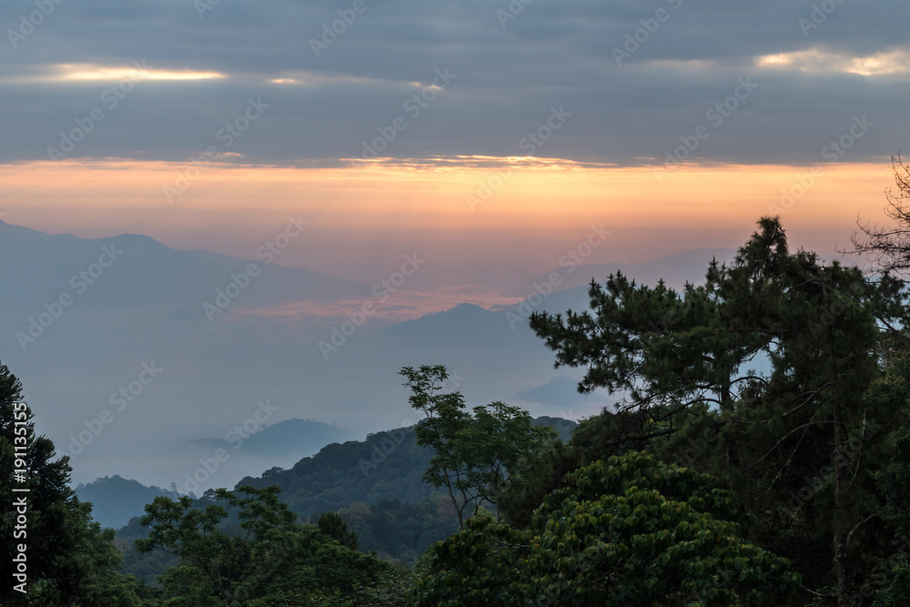 sunrise among mountains in the Huai Nam Dang natiional park, Thailand