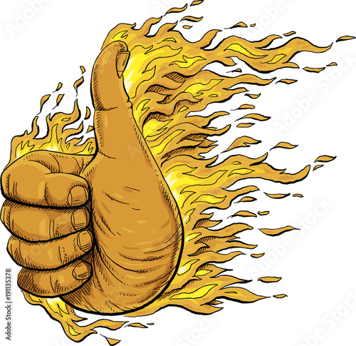 A hand giving a positive thumbs up signal on fire.
