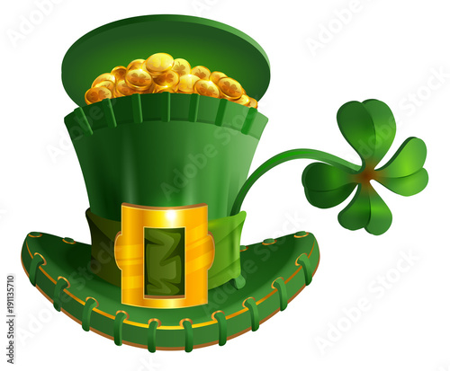 Green hat full gold coin and luck leaf clover. St. Patrick's Day symbol accessory