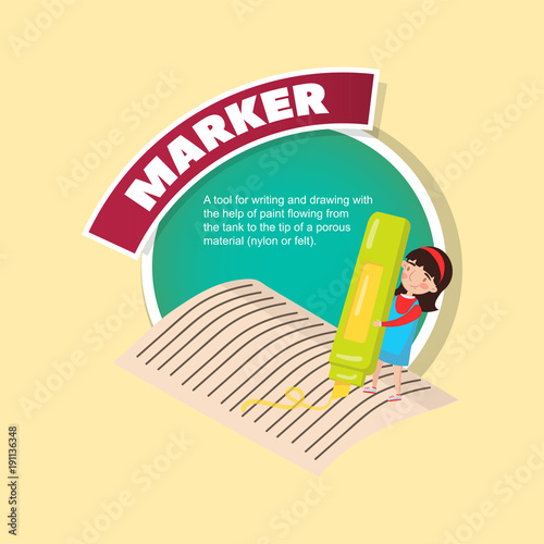 Marker tool description, little girl with giant highlighter creative poster with text vector illustration