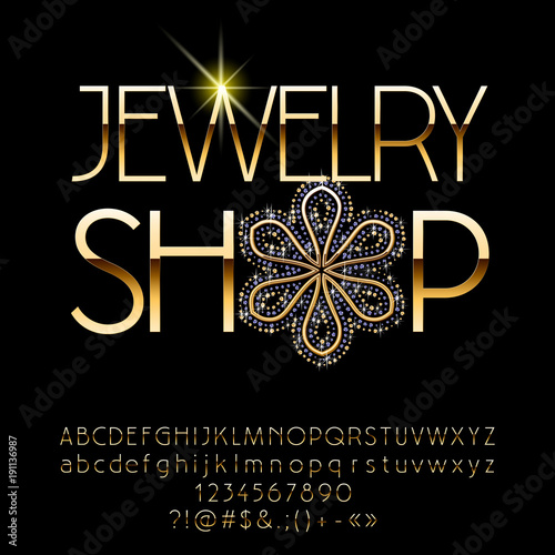 Vector Gold logo Jewerly Shop. Set of slim Letters, Numbers and Symbols.