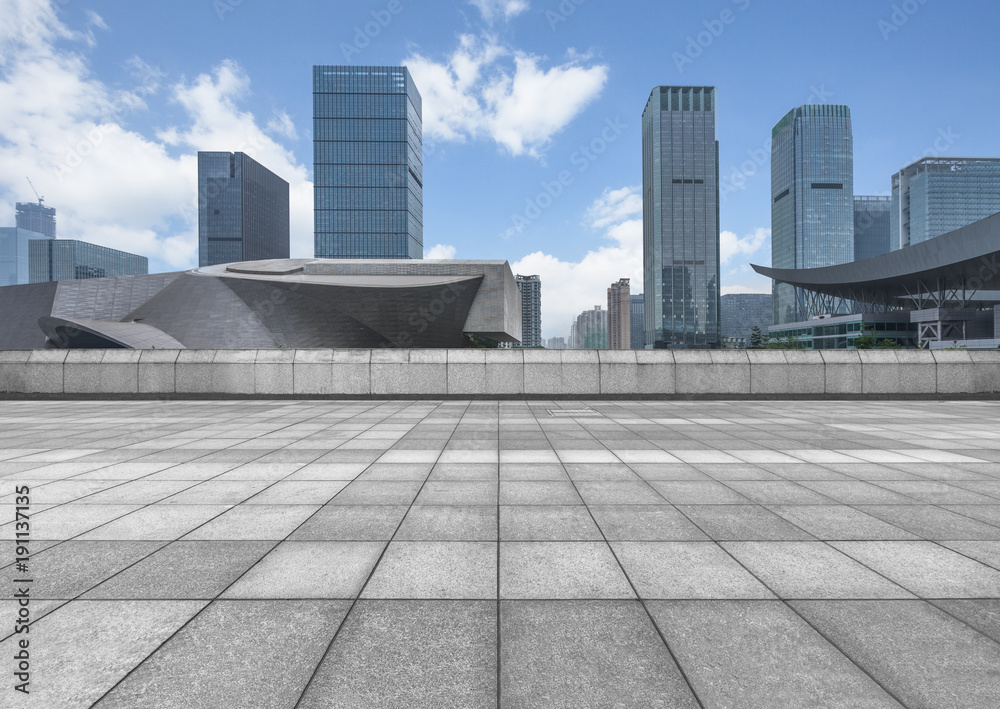 cityscape and skyline in blue sky from empty floor