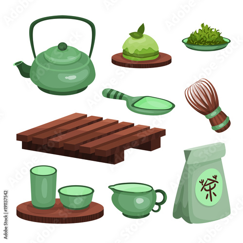 Tea ceremony set, tea time symbols and accessories cartoon vector Illustrations