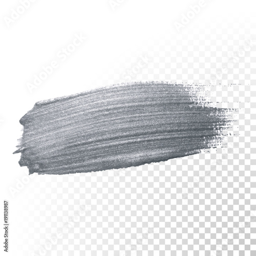 Silver glitter paint brush stroke or abstract dab smear with smudge texture on transparent background. Vector isolated glittering sparkling silver paint ink splash for luxury greeting card design