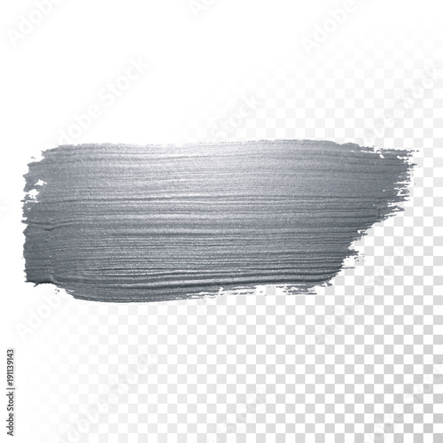 Silver glitter paint brush stroke or abstract dab smear with smudge texture on transparent background. Vector isolated glittering and sparkling silver paint paintbrush splash stain for luxury design