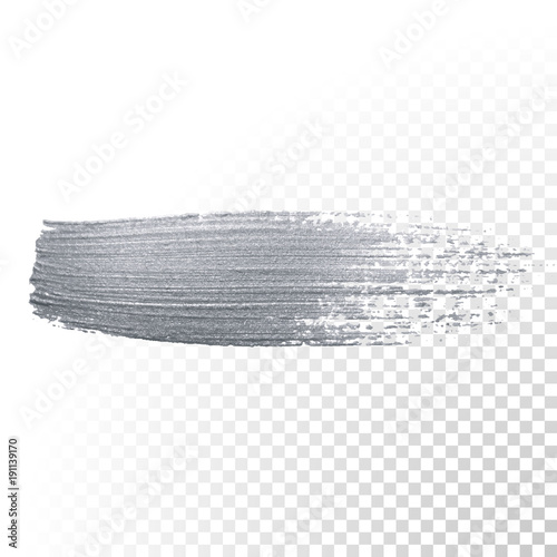 Silver paint brush stain or smudge stroke and abstract paintbrush glittering ink dab smear with glitter texture on transparent background. Vector isolated sparkling silver paint ink paintbrush splash