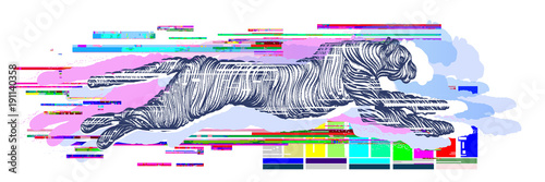 Glitch tattoo. Running cheetah, line art. Jumping panther, mystical tattoo, sacred geometry. Sign hunting, travel, tourism. Glitch tattoo art
